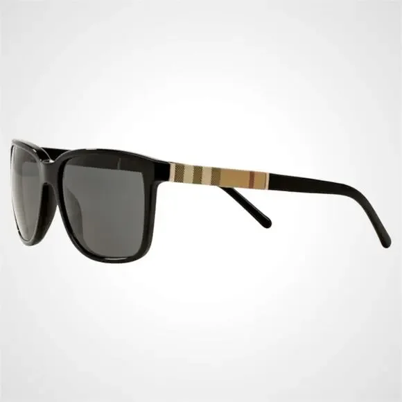 New Burberry Sunglasses Black Solid Square Frame Brown Check Arms 58mm